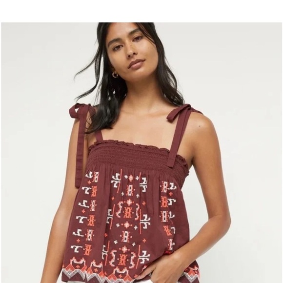 Anthropologie Tops - Anthropologie Aliza Burgundy Patterned Blouse with Tie Straps L